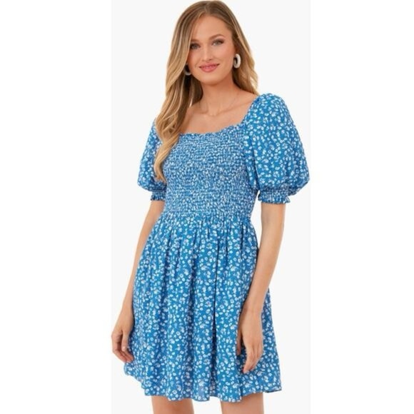 Hyacinth House Pai Mini Dress XL NWT Blue Ditsy Floral Cotton Smocked Puff Sleev - Picture 12 of 12